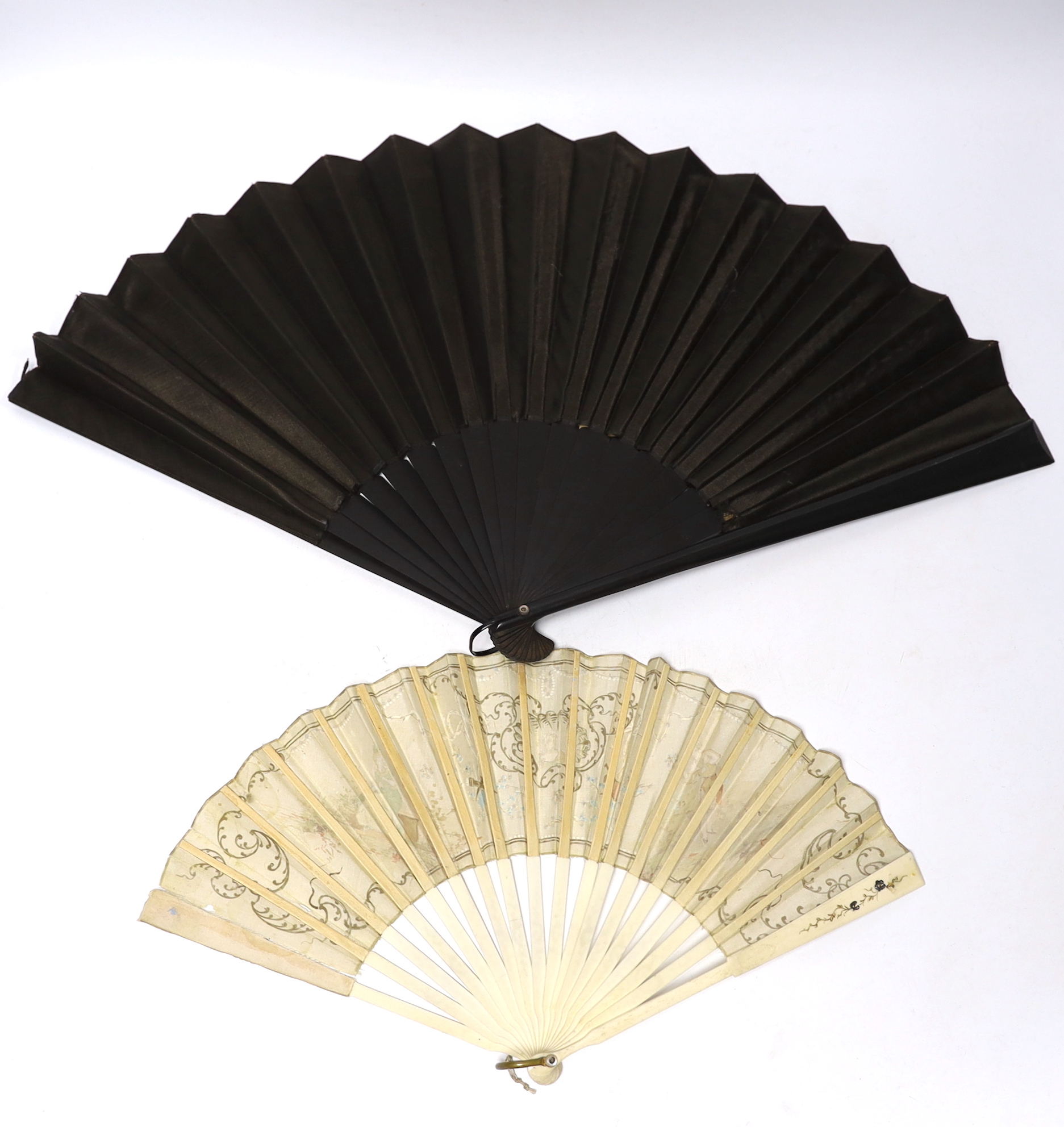 A French 19th century bone and sequin fan and a Spanish figurative leaf fan with ebony guards